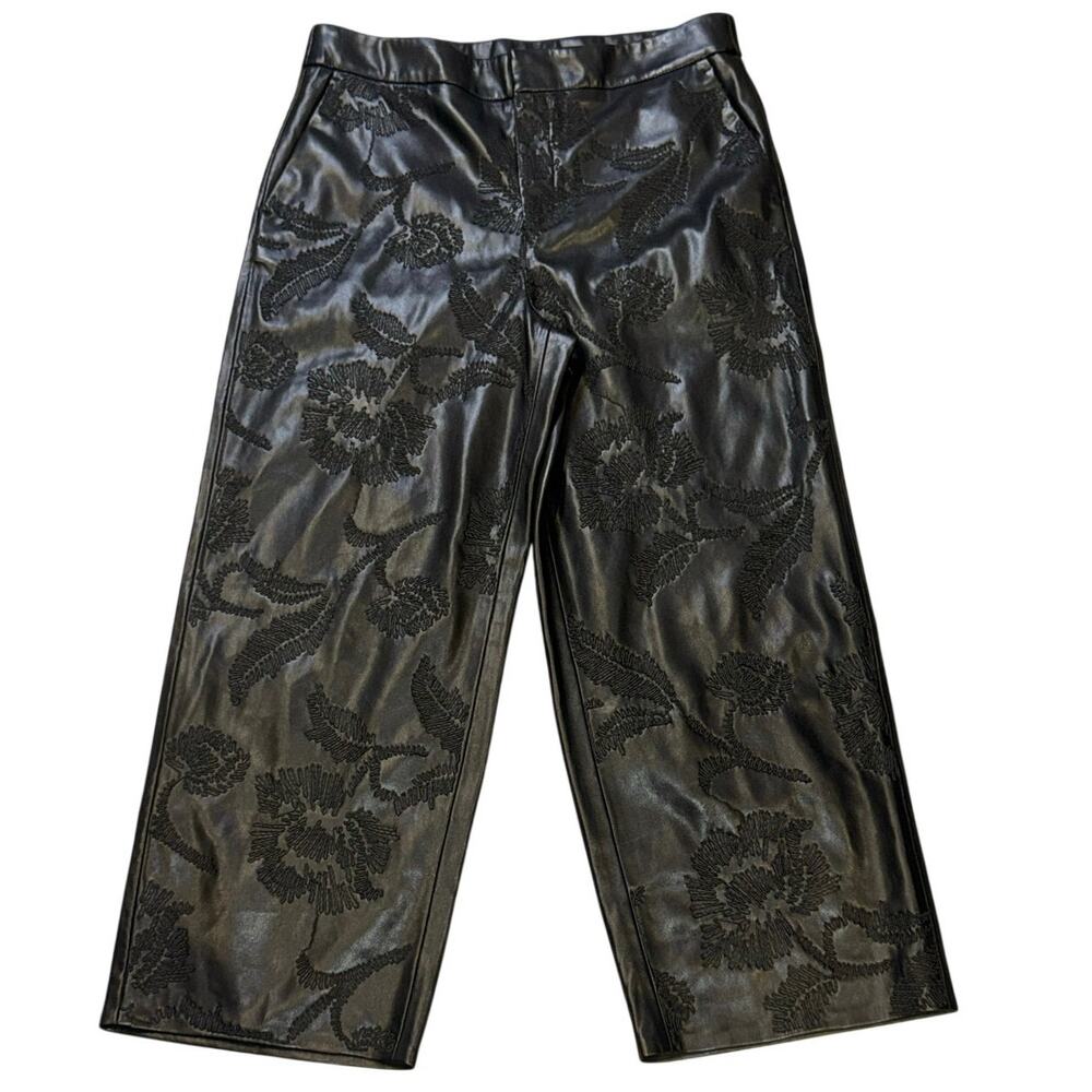 Black Faux Leather Pants Embossed Floral Straight Leg Size 10R Chic NWOT